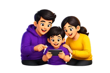 Orang tua dan anak bermain kuis edukasi di rumah.